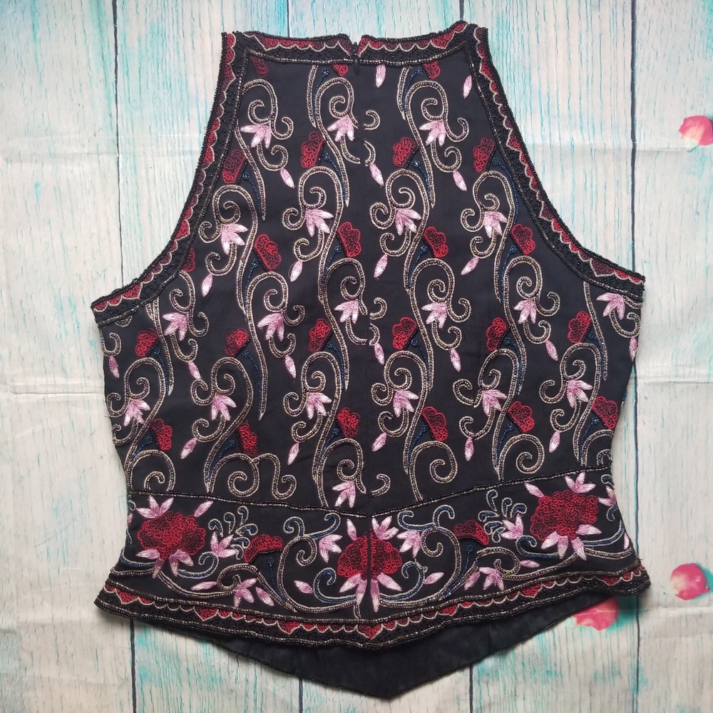 Papell Boutique Black Embroidered Floral Halter Top